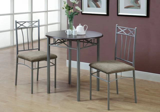 Monarch Specialties Dining Table Set, 3Pcs Set, Small, 30" Round, Kitchen, Metal, Laminate, Brown, Grey, Transitional 4 Monarch Specialties Dining Table Set, 3Pcs Set, Small, 30" Round, Kitchen, Metal, Laminate, Brown, Grey, Transitional - Image 2