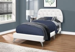 Monarch Specialties Bed, Twin Size, Platform, Teen, Frame, Upholstered, Pu Leather Look, Wood Legs, White, Chrome, Contemporary, Modern -Furniture Store 1bb16ef9 3b02 4aca ae42 724379557bbc
