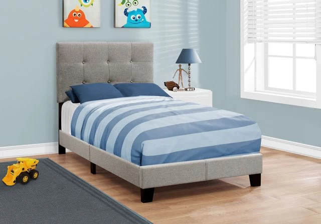 Monarch Specialties Bed, Twin Size, Platform, Teen, Frame, Upholstered, Linen Look, Wood Legs, Grey, Transitional 4 Monarch Specialties Bed, Twin Size, Platform, Teen, Frame, Upholstered, Linen Look, Wood Legs, Grey, Transitional - Image 2