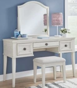 Signature Design By Ashley® Robbinsdale Antique White Mirrored Vanity With Bench