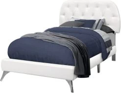 Monarch Specialties Bed, Twin Size, Platform, Teen, Frame, Upholstered, Pu Leather Look, Wood Legs, White, Chrome, Contemporary, Modern
