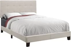 Monarch Specialties Bed, Full Size, Platform, Bedroom, Frame, Upholstered, Linen Look, Wood Legs, Beige, Black, Transitional