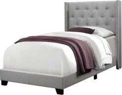 Monarch Specialties Bed, Twin Size, Platform, Teen, Frame, Upholstered, Velvet, Wood Legs, Grey, Transitional