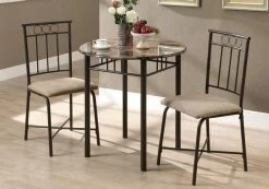 Monarch Specialties Dining Table Set, 3Pcs Set, Small, 30" Round, Kitchen, Metal, Laminate, Brown Marble Look, Transitional