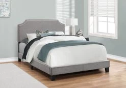Monarch Specialties Bed, Full Size, Platform, Bedroom, Frame, Upholstered, Linen Look, Wood Legs, Grey, Chrome, Transitional -Furniture Store dbee6109 3c19 47fe 947d df2c6a4e81ea