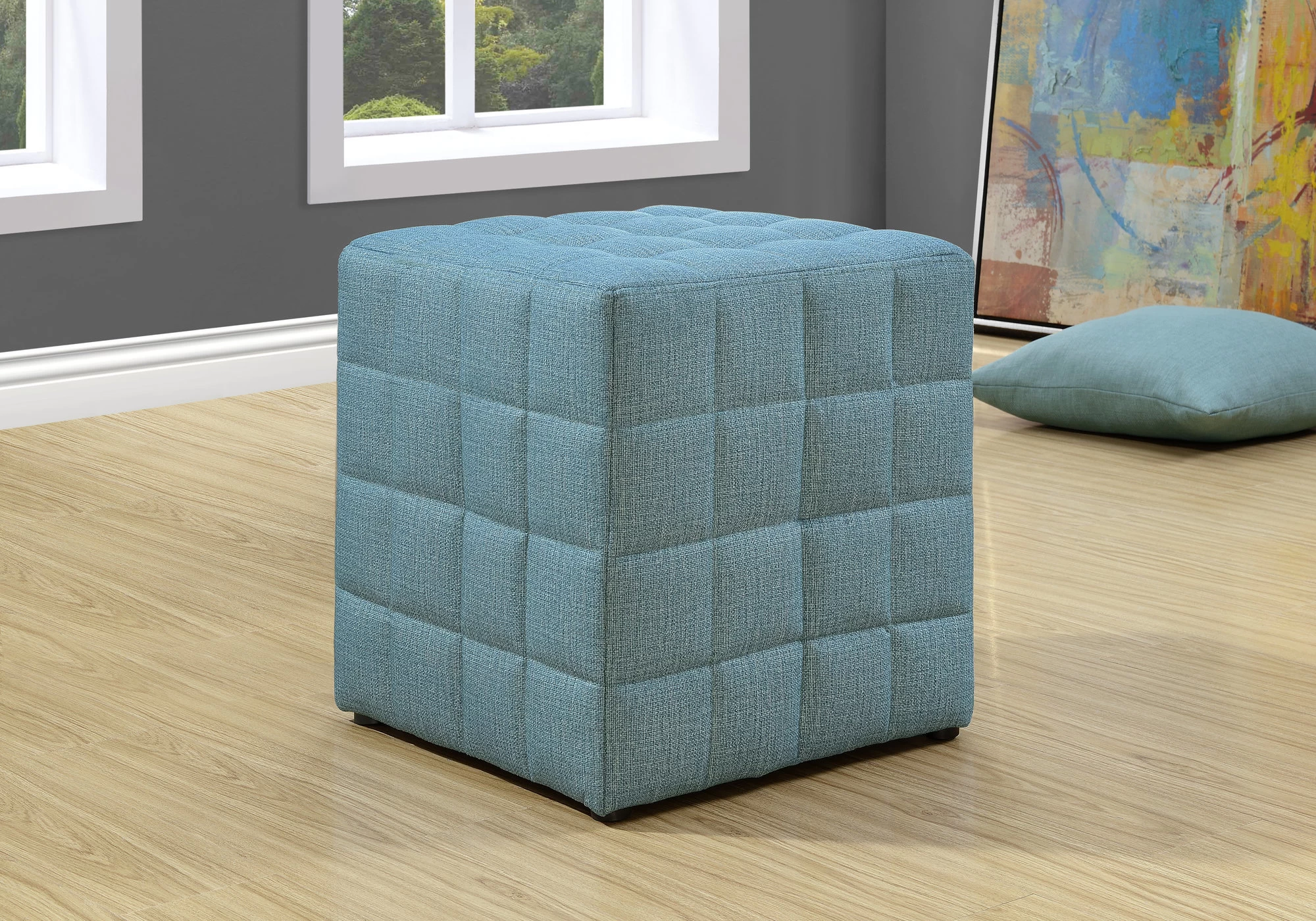 Monarch Specialties Ottoman, Pouf, Footrest, Foot Stool, 18" Square, Linen Look, Blue, Contemporary, Modern 7 Monarch Specialties Ottoman, Pouf, Footrest, Foot Stool, 18" Square, Linen Look, Blue, Contemporary, Modern - Image 5