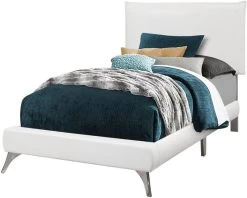 Monarch Specialties Bed, Twin Size, Platform, Teen, Frame, Upholstered, Pu Leather Look, Metal Legs, White, Chrome, Contemporary, Modern