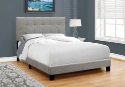 Monarch Specialties Bed, Full Size, Platform, Bedroom, Frame, Upholstered, Linen Look, Wood Legs, Grey, Transitional -Furniture Store fdf1de67 b033 4522 8b45 be16eb7f4339