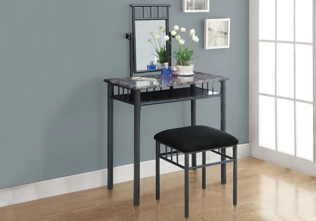 Monarch Specialties Vanity Set, Set Of 2, Makeup Table, Organizer, Dressing Table, Bedroom, Metal, Laminate, Grey Marble Look, Black, Transitional 6 Monarch Specialties Vanity Set, Set Of 2, Makeup Table, Organizer, Dressing Table, Bedroom, Metal, Laminate, Grey Marble Look, Black, Transitional - Image 4