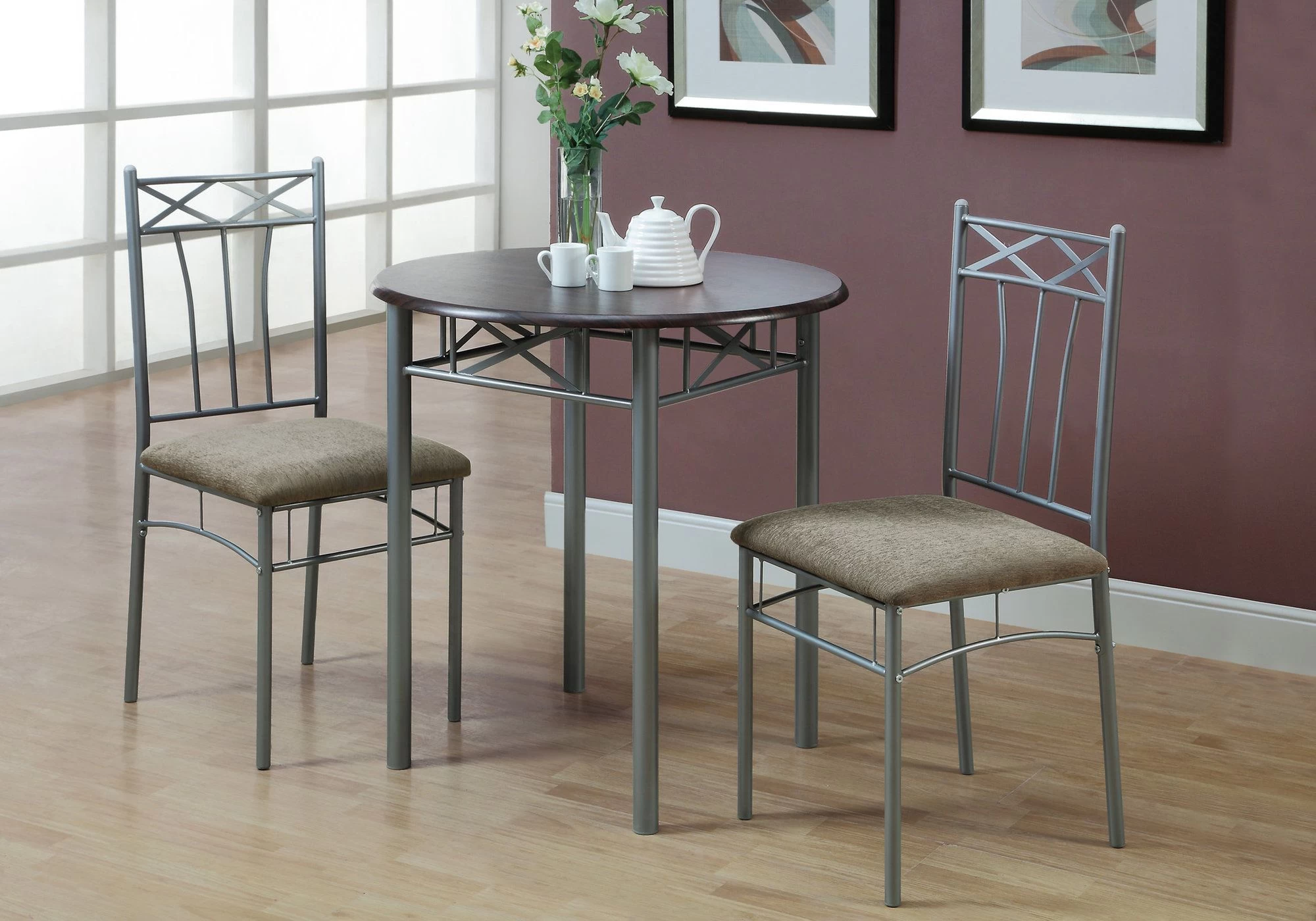 Monarch Specialties Dining Table Set, 3Pcs Set, Small, 30" Round, Kitchen, Metal, Laminate, Brown, Grey, Transitional 7 Monarch Specialties Dining Table Set, 3Pcs Set, Small, 30" Round, Kitchen, Metal, Laminate, Brown, Grey, Transitional - Image 5